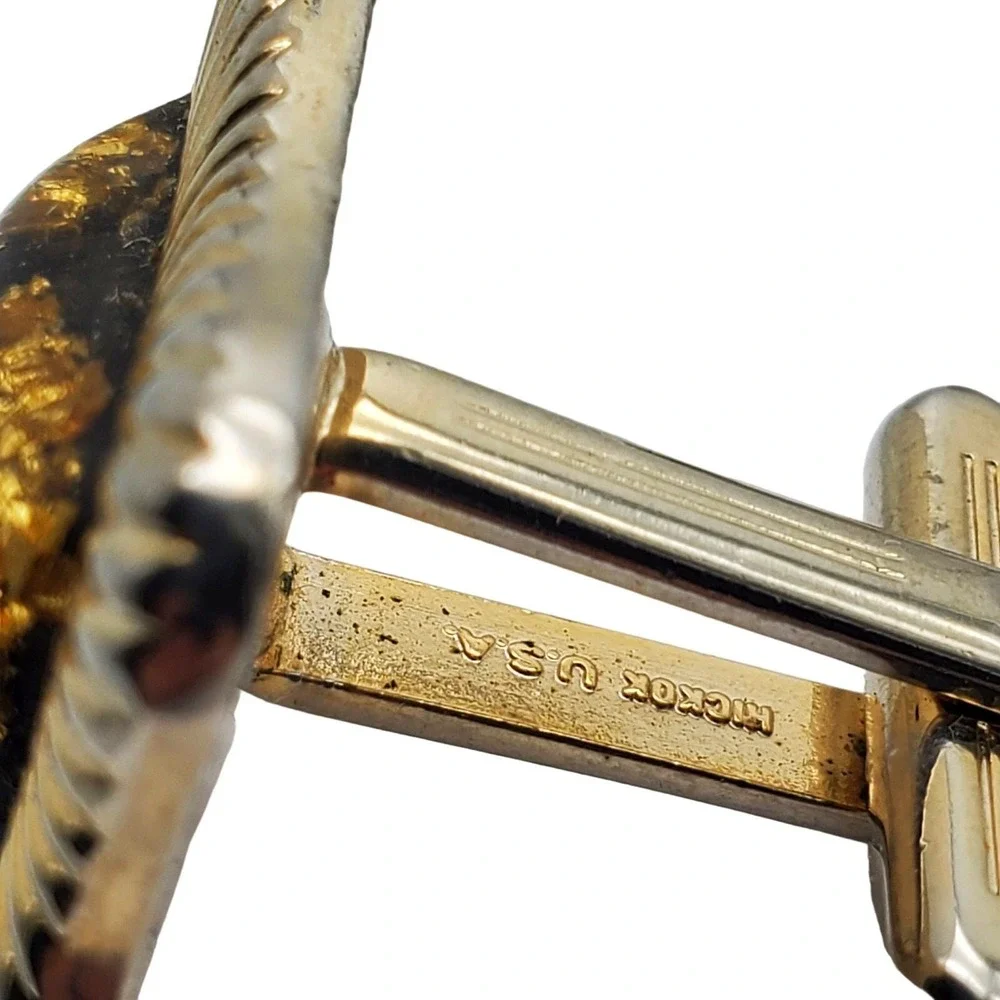 Hickok Cufflinks Monte Carlo Gold Flakes Black Vintage MCM 70s Modernist Ribbed